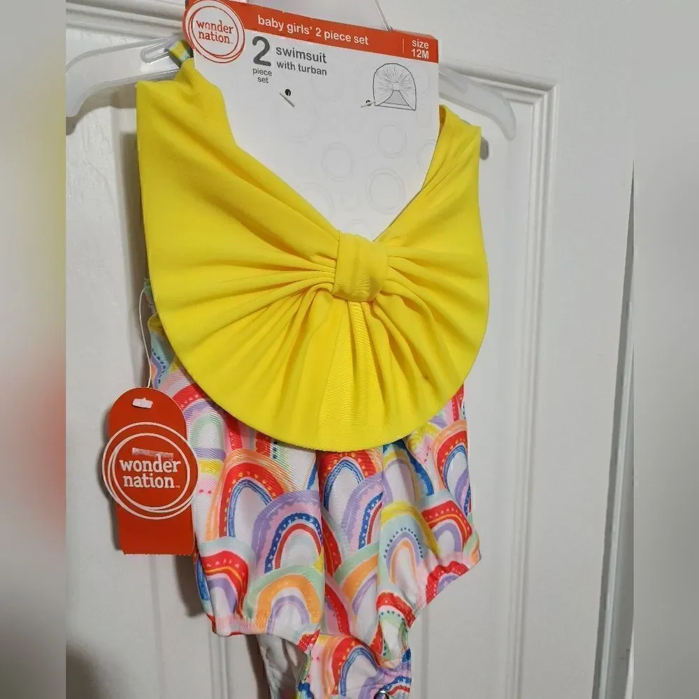 NWT Wonder Nation Baby Girl Rainbow Swimsuit and Swim Turban, 2-Piece